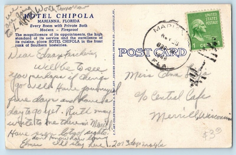 Marianna Florida Postcard Hotel Chipola Exterior Building c1948 Vintage Antique