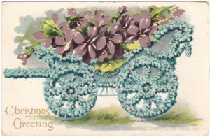 Christmas Greeting, Floral Cart, Purple Flowers, Antique Embossed Postcard