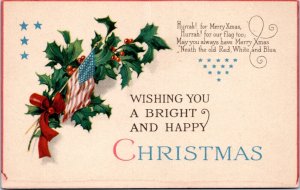 Postcard Patriotic Bright and Happy Christmas - US Flag draped with holly