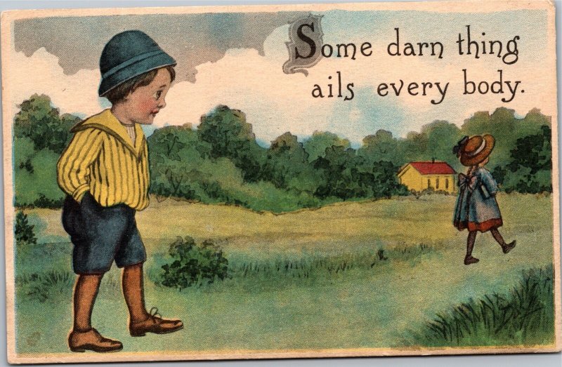 Postcard Romance boy watching girl walk away some darn thing ails every body