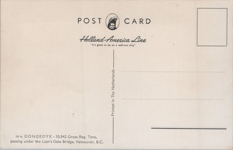 Holland  America Line M.V. Dongendijk Ship Vintage Postcard C287
