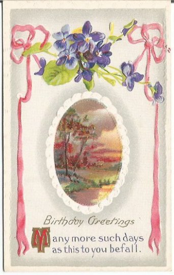 Birthday Greetings Violet posy and pink ribbon Miniature Picture in center
