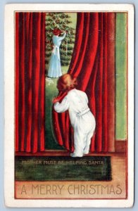 1913 MERRY CHRISTMAS MOTHER must be HELPING SANTA CHILD PAJAMAS PEEKS POSTCARD