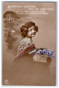 Birthday Greeting Pretty Girl Flowers Basket Columbus OH RPPC Photo Postcard
