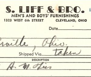 1937 S. LIFF & BRO CLEVELAND OHIO MENS & BOYS FURNISHINGS BILLHEAD INVOICE Z998