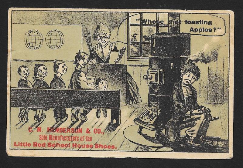 VICTORIAN TRADE CARD Red School House Shoes Teacher Who's That