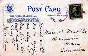 VINTAGE POSTCARD WEST PARLOR MT. VERNON, VIRGINIA 1921 STAMP SUPERB CONDITION