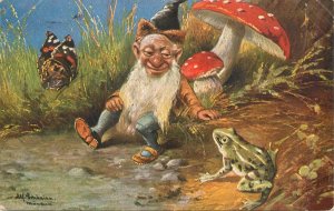 B581 Gnome dwarf near mushrooms watching frog and butterfly by Alfred Schonian
