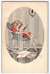 c1910's Little Girl Sat On Rocking Chair Reading Book Posted Antique Postcard