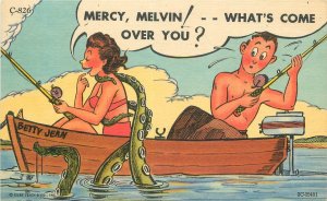 1960 Couple in boat Octopus speed boat C-826 Teich Postcard comic humor 22-11303