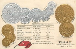 Embossed coinage national flag & coins vintage postcard currency Turkey 