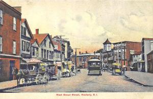 Westerly RI West Broad Street Trolley Horse & Wagons Postcard