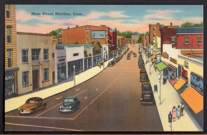 Connecticut MERIDEN Main Street with Store Fronts and Older Cars - LINEN