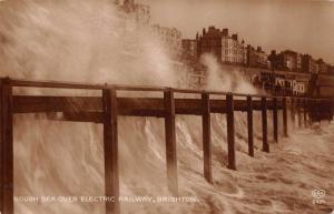 Brighton England Rough Sea Over Electric Railway Real Photo Postcard J47200