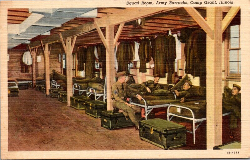 Linen Postcard Squad Room, Army Barracks, Camp Grant, Illinois