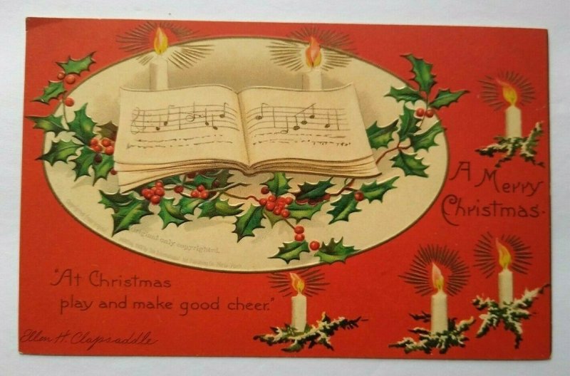 Vintage Christmas Postcard Ellen Clapsaddle 51342 Embossed Music Book Candles