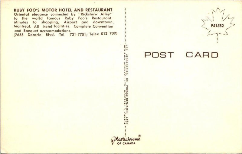 Montreal, Canada  RUBY FOO'S MOTOR HOTEL & CHINESE RESTAURANT ca1950's Postcard