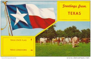 Greetings From Texas Showing Longhorn Cattle and State Flag