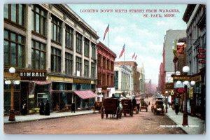 c1910 Sixth Street Looking Down From Wabasha US Flag St. Paul Minnesota Postcard