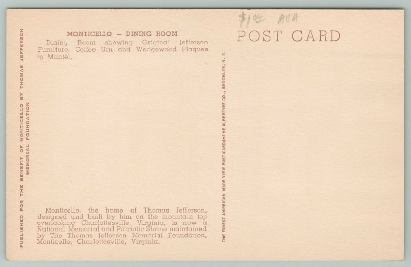 Charlottesville Virginia~Monticello Dining Room~c1910 Postcard