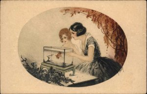 Glamour Beautiful Woman Watch Goldfish Fish in Aquarium HARDY c1915 Postcard