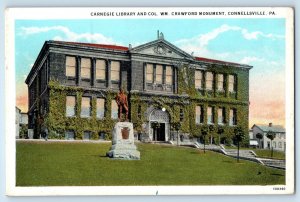 1930 Connellsville Pennsylvania Postcard Carnegie Library WM Crawford Monument