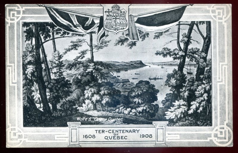 dc913 - WOLFE'S COVE Quebec Postcard 1910s Ter-Centenary Patriotic Flags