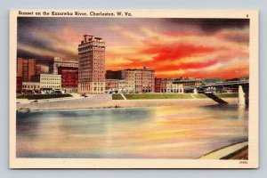 Sunset on Kanawha River Charleston WV West Virginia UNP Linen Postcard N15