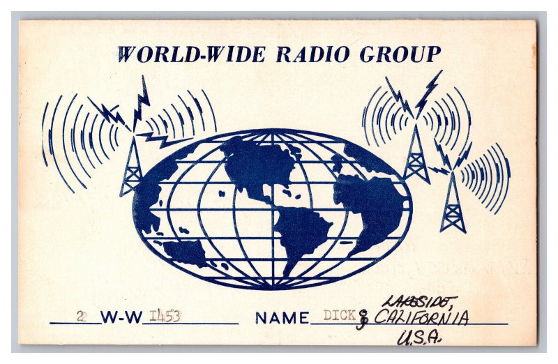 Postcard QSL CB Ham Radio Amateur Card From Lakeside California 2-W-W-1453 