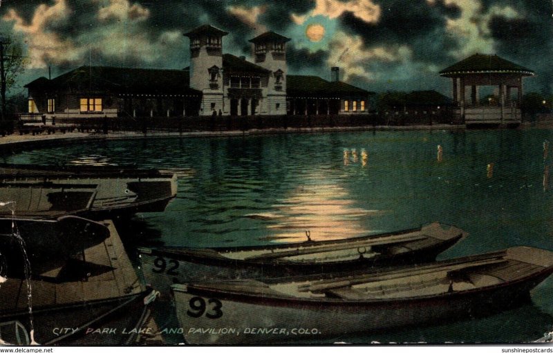 Colorado Denver City Park Lake and Pavilion At Night 1913