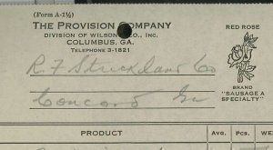 1945 The Provision Company Columbus GA Red Rose Sausage Bacon Lard Invoice 321