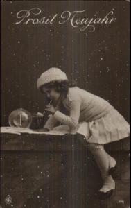 German New Year Girl Blowing Bubble w/ Pipe c1910 Real Photo Postcard