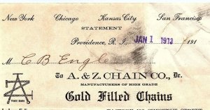 1912 A & Z CHAIN CO PROVIDENCE RHODE ISLAND GOLD JEWELRY BILLHEAD INVOICE Z2287