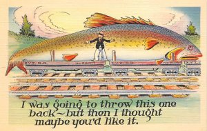 Man Measuring a Huge Fish Comic Fishing Unused 