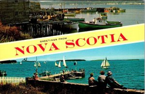 Canada  NOVA SCOTIA Greetings  FISHING BOATS~SMALL DOCK~SAILBOATS~PIER  Postcard