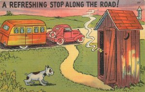 Postcard 1949 Michigan Howard City Travel Trailer Outhouse Comic dog TR24-3341
