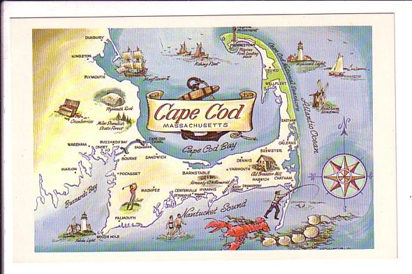 Pictorial Map, Cape Cod,  Massachusetts, Lobster, Golf, Lighthouses Etc