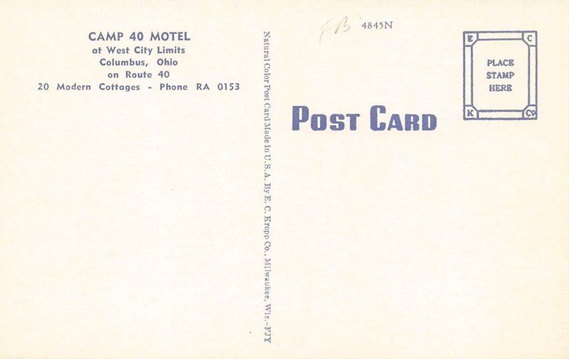 LPD80     Columbus  Ohio  Postcard   Rt 40 Motel