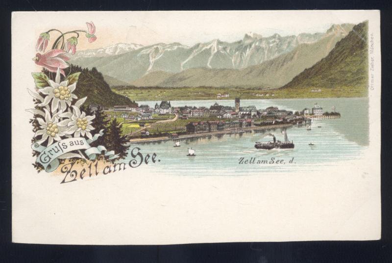 GRUSS AUS ZELLAMSEE GERMANY BIRDSEYE VIEW ANTIQUE VINTAGE GERMAN POSTCARD