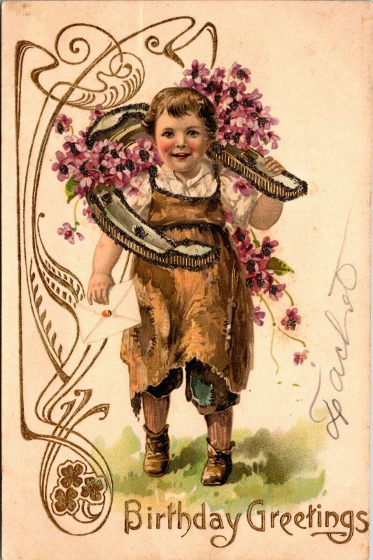 Postcard Birthday Greetings Boy WITH Horseshoe - VINTAGE - 1908