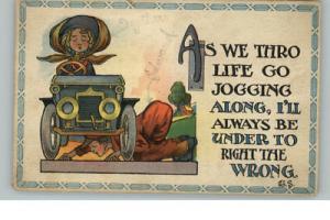 Woman Runs Over Man Car Comic c1910 Postcard