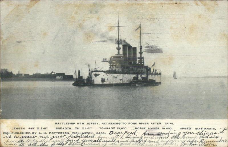 US Navy Battleship New Jersey Quincy Fore River MA c1905 Postcard