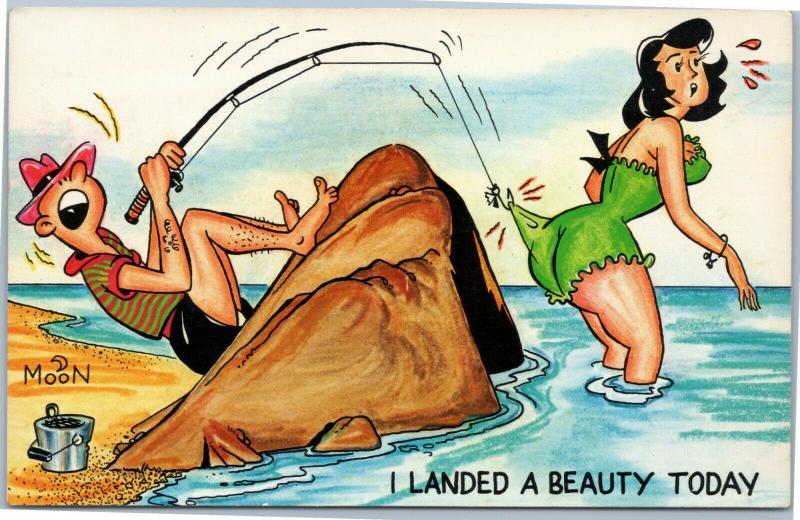 Comic fisherman catches hook on woman's bathing suit - landed a beauty - moon