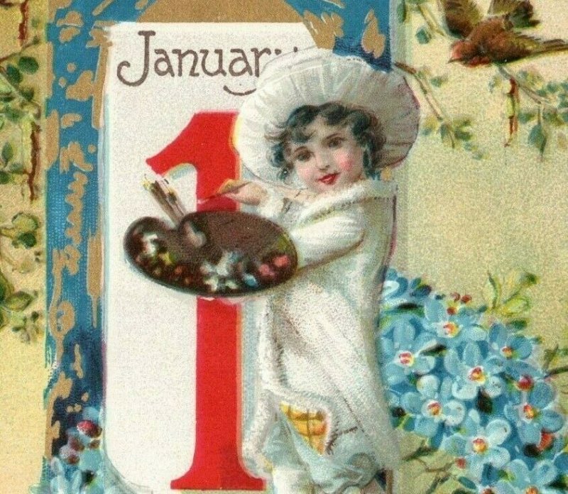 1910 Raphael Tuck Happy New Year Painter Pallet Boy White Hat Embossed Postcard 