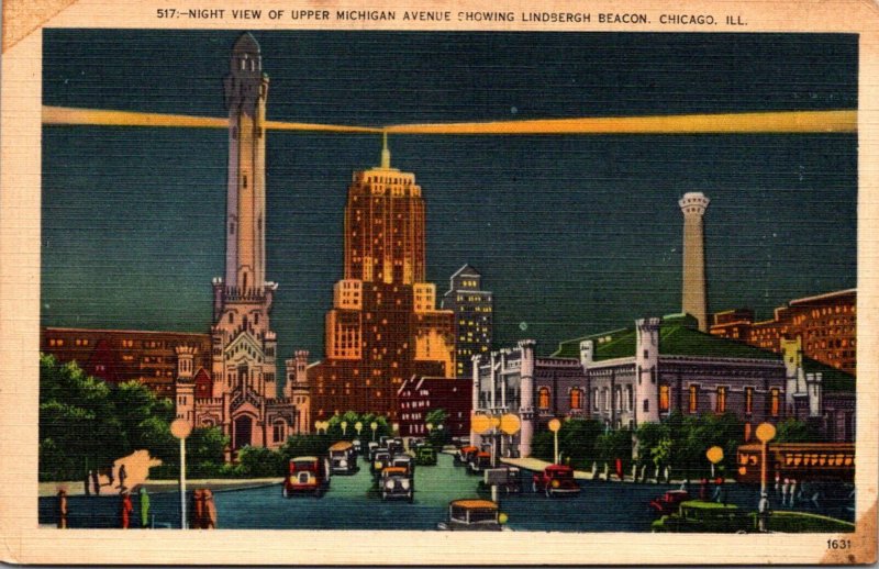 Illinois Chicago NIght View Of Upper Michigan Showing Lindbergh Beacon