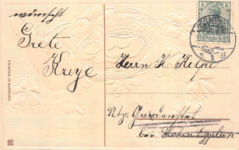 G008 New Year bird shamrock money luck embossed postcard