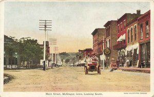 McGregor IA Main Street Looking South Stores Clock Old Car Postcard