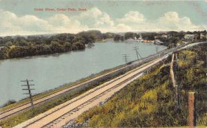 Cedar Falls Iowa~Railroad Tracks along Cedar River~Town in Distance~c1910 Pc