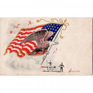 Original 1908 Patriotic Postcard - Eagle American Flag - Embossed - Soldiers