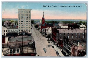 Charlotte North Carolina Postcard Bird's Eye View Tryon Street 1915 Antique Cars